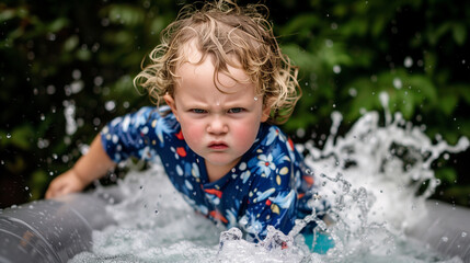 serious child baby swimming in an inflatable pool in summer