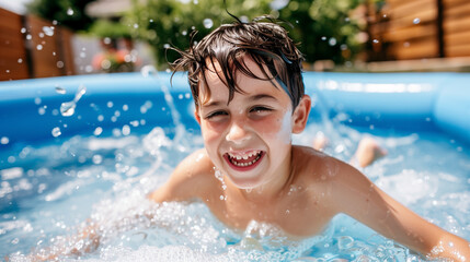 smiling child swims in an inflatable pool in summer