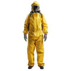 Naklejka premium Person wearing a yellow hazmat suit and protective mask, ready for chemical handling. Full-body safety gear isolation.