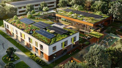Fototapeta premium Modern eco-friendly building complex with solar panels, rooftop gardens, green spaces, playground, and trees, showcasing sustainable architecture, renewable energy, and urban green living.