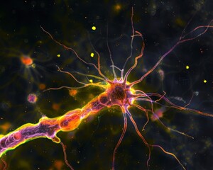 Explore the intricate beauty of a single neuron under the microscope, revealing its fascinating structure and complexity