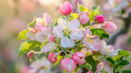 Close up view of blooming apple tree in orchard with beautiful pink and white flowers and buds against a blurred background