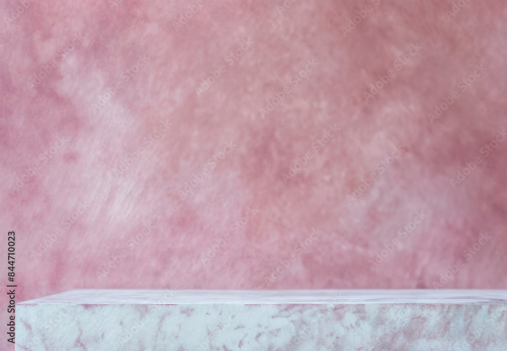 Aufkleber Empty table with pink textured wall and marble surface. Minimalist background with copy space for design and print. High quality photo