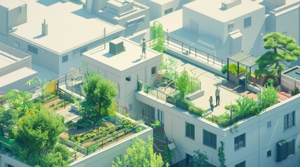 This image depicts rooftops of urban buildings featuring lush green gardens, walking individuals, and an overall serene environment under clear skies.