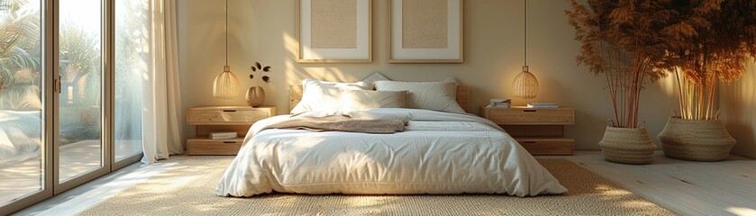 Cozy modern bedroom beige tones soft bedding minimalist decor three framed artworks above bed warm natural lighting