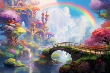 Beautiful panoramic landscape of the park with a rainbow and a bridge