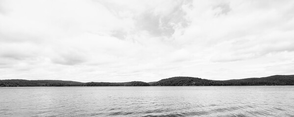 Skyline on top a river with forest in the background