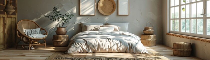 Cozy modern bedroom beige tones soft bedding minimalist decor three framed artworks above bed warm natural lighting