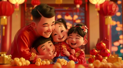 Fototapeta premium 3D illustration of Asian family celebrating Lunar New Year together