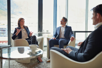 Window, investor or business people for meeting, discussion or conversation for funding growth in...