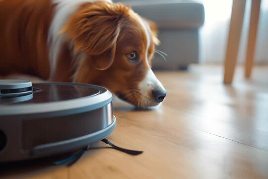 Dog watches a robot vacuum clean a cozy living room, making housework easy and efficient in a modern smart home setup