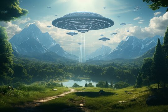Futuristic ufos hovering above a tranquil natural scene with mountains, forest, and lake