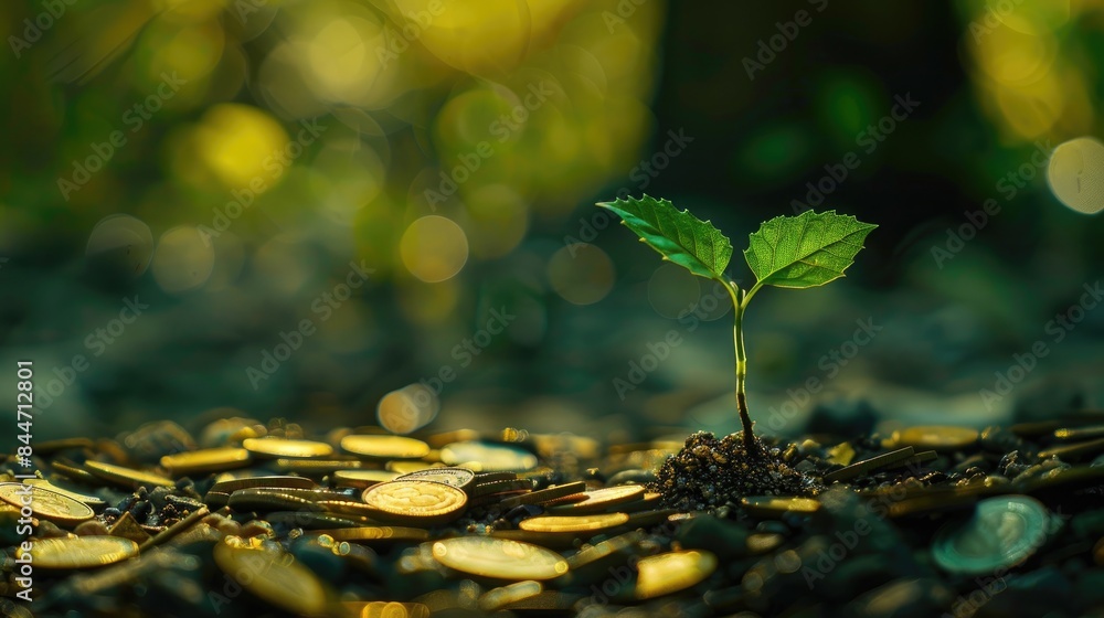 Poster a sapling sprouting from a coin on the ground, surrounded by other coins, representing investment an