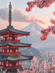 japanese temple in the morning with mount fuji as a background