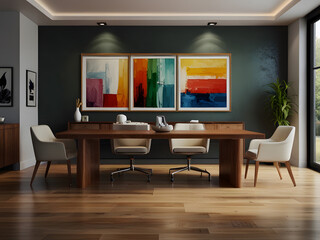 Picture frames decorate the room.