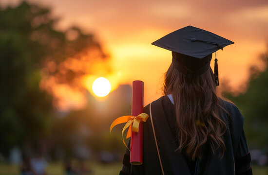 Woman wearing black graduation cap and diploma gown celebrating success on university campus at sunset, blurred background, backlighting