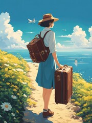 Illustration of a girl who loves traveling, carrying a suitcase, reading a travel guide in anime, watercolor and cartoon style.