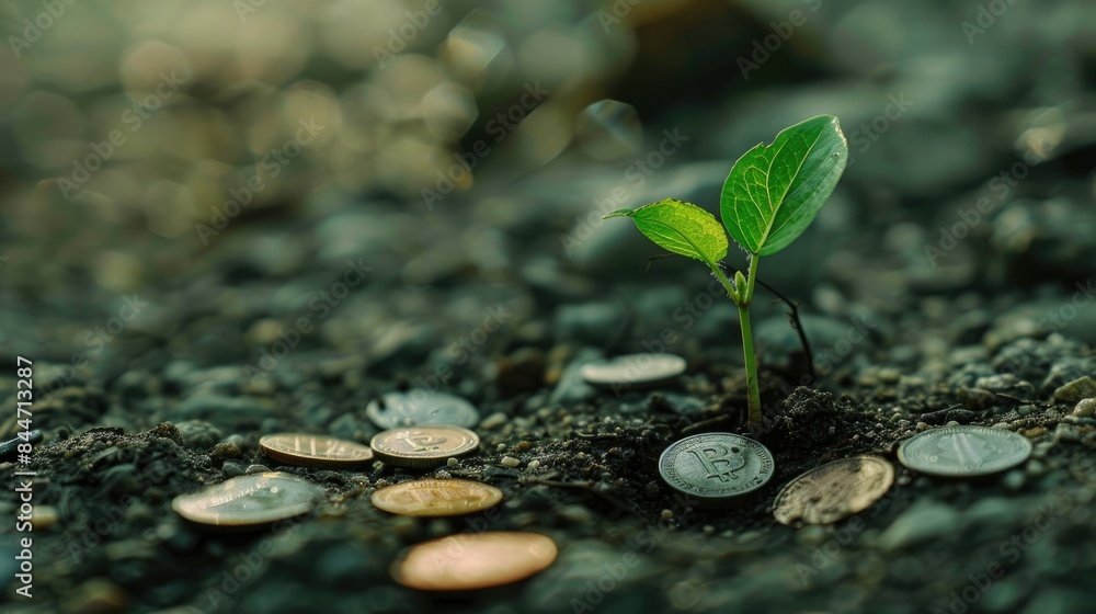 Poster a tiny green sapling sprouting from a coin on the ground, with additional coins nearby, representing