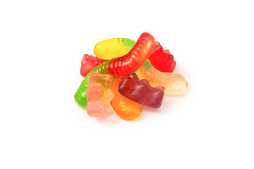 Assorted colorful gummy candies isolated on a white background. Top view. Jelly  sweets.