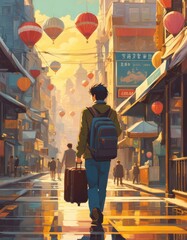 illustration of A man who loves traveling, carrying luggage, reading travel guides in the style of anime, cartoons and comics
