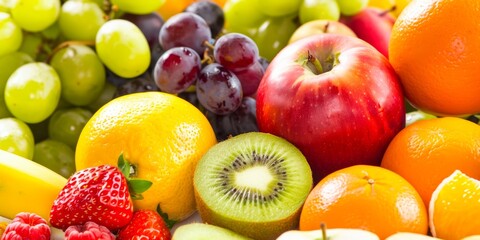 Fresh assortment of colorful fruits including apples, oranges, strawberries, and grapes, perfect for healthy eating and vibrant displays.