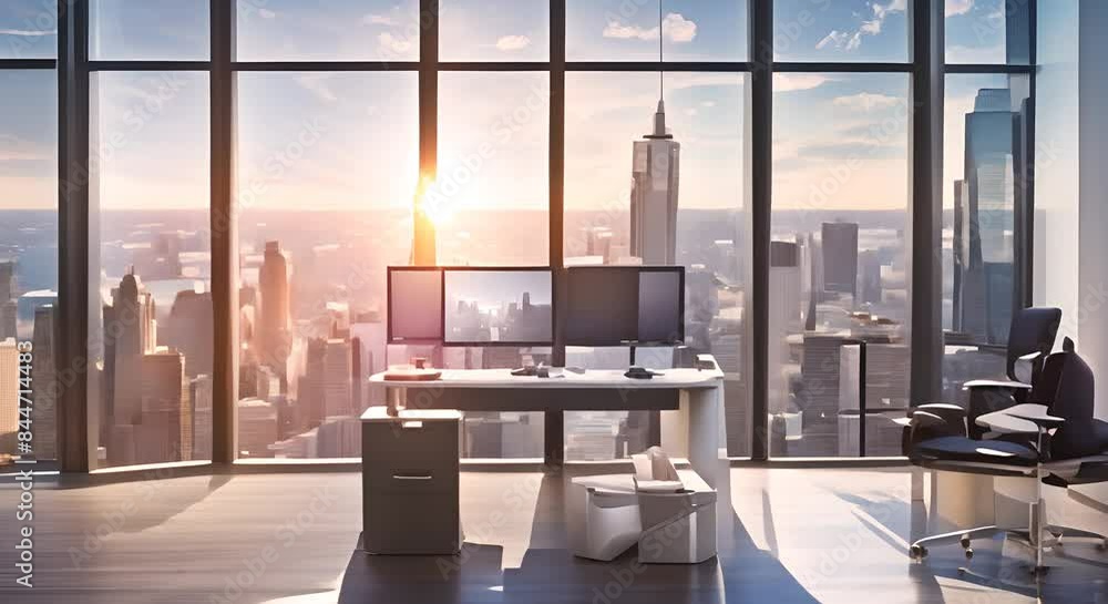 Poster cityscape workspace maximizing efficiency with computer monitor and big window overlooking sunny sky