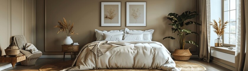 Elegant bedroom minimal decor beige and white color scheme three blank frames cozy bedding