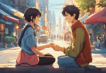 an Indian boy and girl discussing with each other while smiling kindly in a city with anime and cartoon style