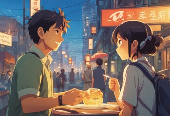 an Indian boy and girl discussing with each other while smiling kindly in a city with anime and cartoon style