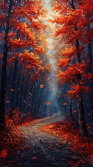 Fototapeta premium A vibrant autumn forest with falling leaves and a winding path in the background. 