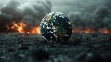 Sad planet, Pollution concept. Plant, machinery, petroleum, emissions, dirty air, landfill, Save the planet, generative ai