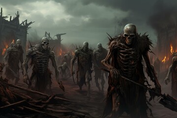 Fototapeta premium Dystopian scene with a group of zombies wandering through a fiery wasteland