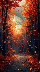 Fototapeta premium A vibrant autumn forest with falling leaves and a winding path in the background. 