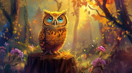 Cute owl cartoon with a whimsical expression, sitting on a tree stump in a colorful forest.