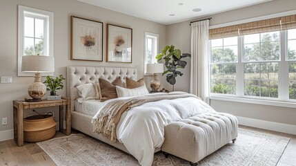 Elegant bedroom minimal decor beige and white color scheme three blank frames cozy bedding