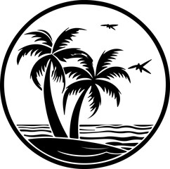palm tree and ocean in black outline