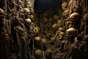 Illuminated details of skulls and skeletons in a shadowy catacomb setting