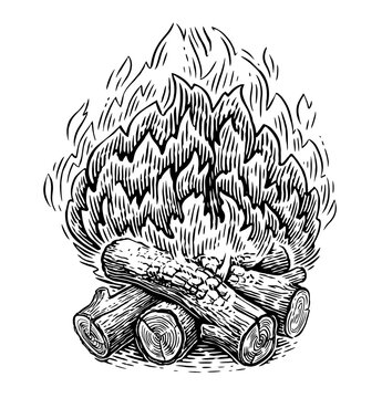 recommend clip art: Campfire drawing. Outdoor bonfire of branches. Fire burning wooden logs. Firewood flame with flaming coals