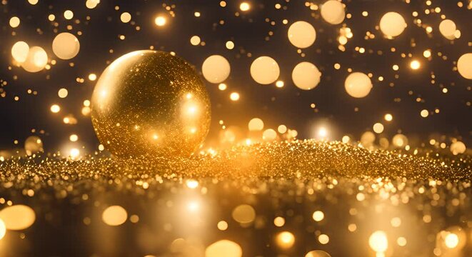 Golden christmas ornament is resting on a glittery surface with sparkling lights in the background and foreground. This festive image is perfect for holiday projects