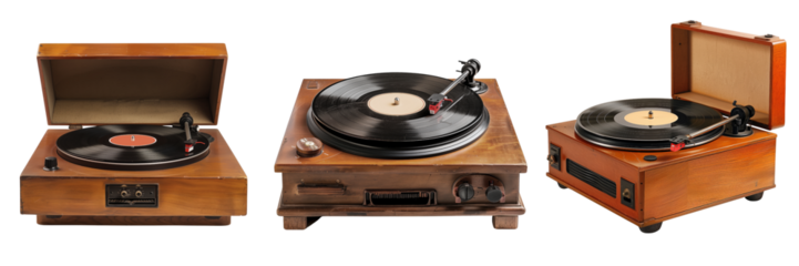 set of Vintage record player with vinyl spinning isolated on transparent background