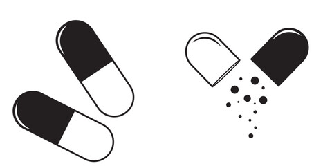 Pills icon set,  Medical icon, silhouette, vector, capsule icon. Tablet pharmacy symbol, logo, Drug sign and symbol. Vector illustration.