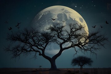 Nighttime Tranquility: Birds Approaching Dry Moonlit Tree