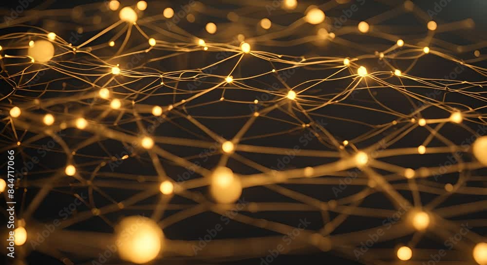 Poster complex network with glowing nodes and connections, symbolizing data flow, communication, or neural 