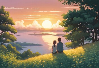 illustration of a boy falling in love with a girl. cartoon and anime style