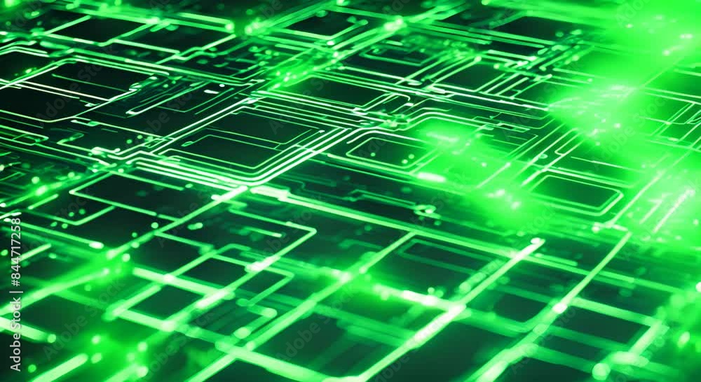 Poster glowing green circuit board symbolizes computer technology and the future, with intricate lines hint