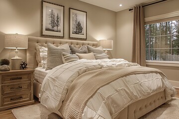 Elegant bedroom minimal decor beige and white color scheme three blank frames cozy bedding