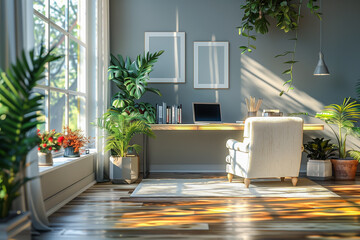 Bright home office with a cozy chair, wooden desk, laptop, and indoor plants, large windows with natural light