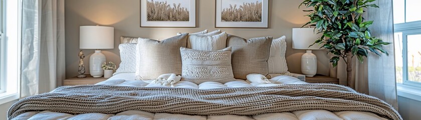 Elegant bedroom minimal decor beige and white color scheme three blank frames cozy bedding