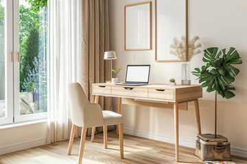 Modern home office with wooden desk, laptop, indoor plants, and natural light