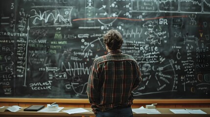 A scientist stands in front of a large blackboard filled with complex equations and diagrams, deep in thought as he analyzes the data.